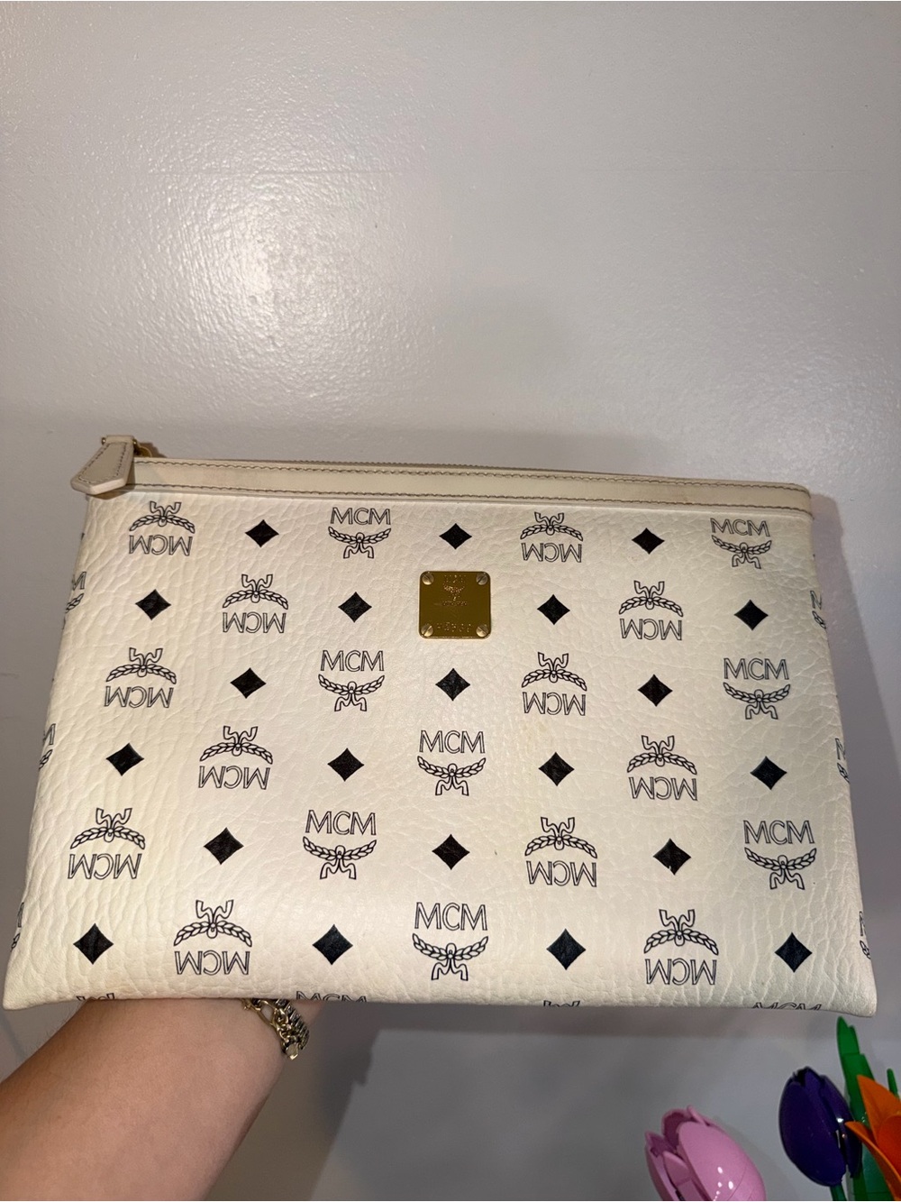 MCM White Monogram Zip Clutch